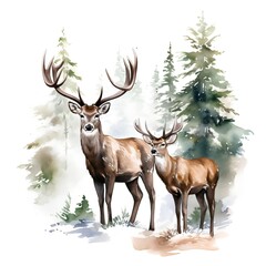 Watercolor illustration of a pair of red deer in the forest.