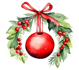 Christmas watercolor wreath with red bauble, holly berries and green leaves. Watercolor illustration.