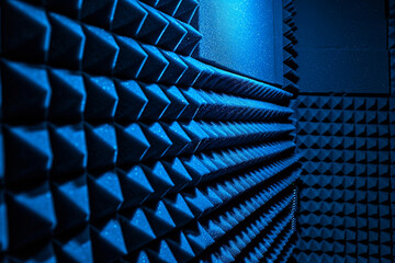 Background of studio sound dampening acoustical foam and LED light. Music romm. Soundproof romm. Low key photo - obrazy, fototapety, plakaty