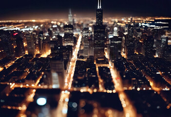 'view Aerial Chicago Night City Aerial Night View Grid Chicago Sky Lights Panorama Angle Horizon...