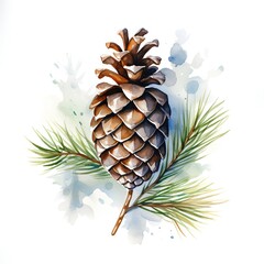 Watercolor pine cone and pine branch isolated on white background. Hand drawn illustration