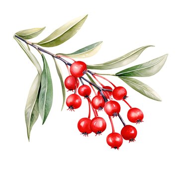recommend clip art: Hawthorn branch with red berries. Watercolor illustration isolated on white background