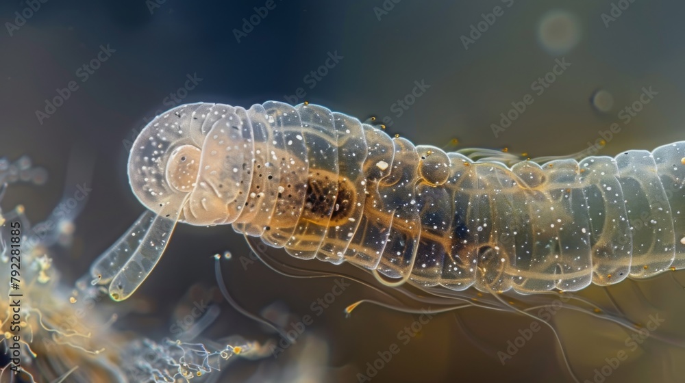 Aufkleber a magnified view of a nematode burrowing into the soft sediment of a pond its thin translucent body 