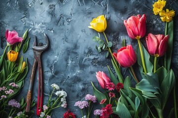 Flowers on a grunge background with flowers pink yellow tulips and petals, metal tools, wrenches, pliers, hammer, saw. Happy Labor Day concept May 1st celebration. Creative flower arrangement.