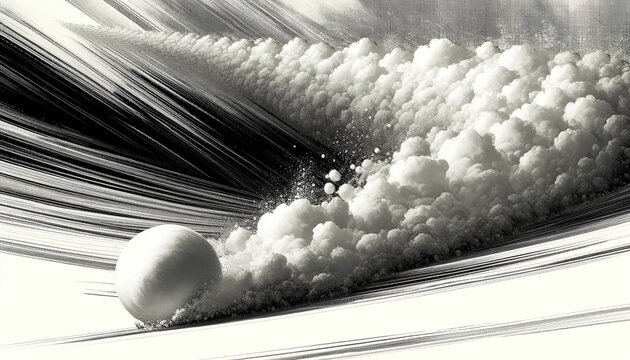 An ink wash painting of a snowball increasing in size as they roll down a snowy hill - Generative AI