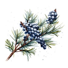 Hand drawn watercolor juniper branch with berries isolated on white background
