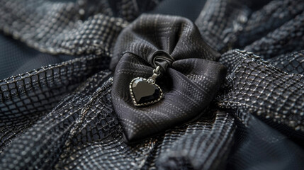 A mourning brooch in the shape of a black ribbon made of jet and adorned with a silver heart charm representing the eternal love and grief of the wearer. .