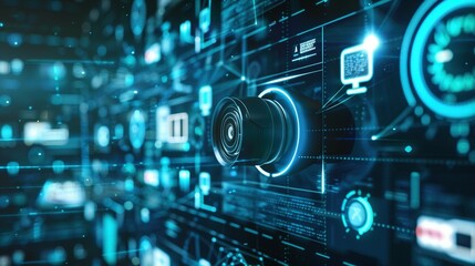 Obraz premium wide banner of security CCTV cameras and guard monitoring screen hud UI for advanced surveillance secure protection system and recording tape archive with online network IP connection