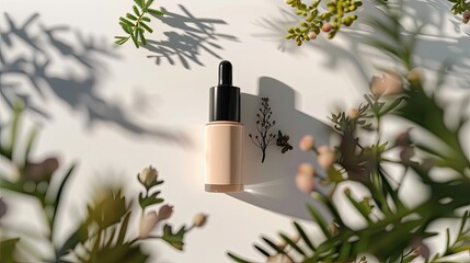 a small and slender bottle of foundation, The bottle contains 30 ml of product, lie on the bright white surface, with myrothamnus flabellifolia flowers around, and three touches of foundation,  