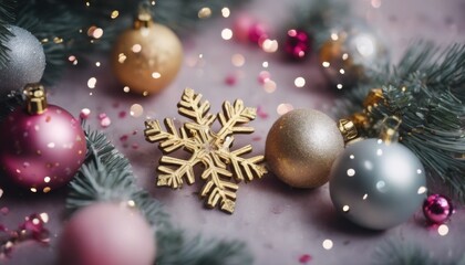 Fototapeta na wymiar 'gold ornament sparkle branch pink Christmas Eve frost photo vertical Top decorated baubles confetti view snowflake pine concept. advert background ball bauble beige blink tree card celebrate ch'