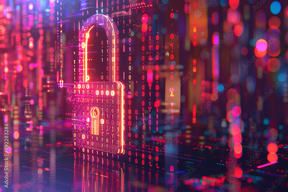 Poster biometric data protection represented by a stream of binary numbers securing into a digital lock, se