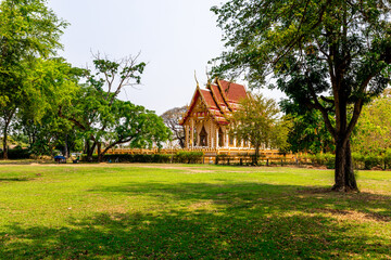 Background of old sculptures in Prasat Hin Phanom Wan, there are old Buddha statues installed within the park, allowing tourists to study the history of the Korat area, Thailand.