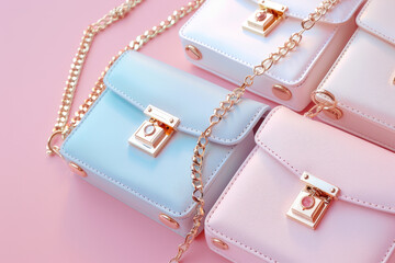 cute pastel handbags laying on the floor, pink background, gold chain necklace jewelry, small purse, white leather bag and blue purse, leather fabric, product photography