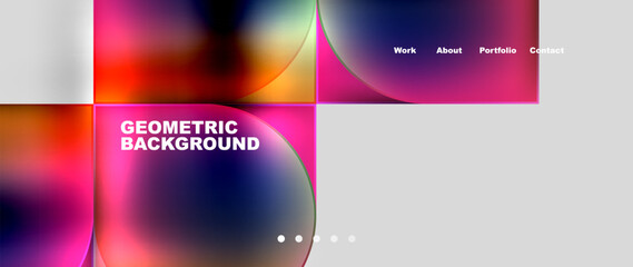 A vibrant geometric background featuring colorful squares and circles in shades of purple, magenta, and violet. The design is inspired by automotive lighting technology and astronomical objects