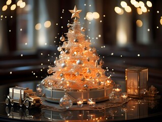 christmas tree and snowflakes on the table 3d illustration