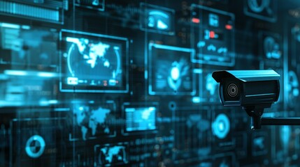 Fototapeta premium Security CCTV Cameras and Guard Monitoring Screen HUD UI