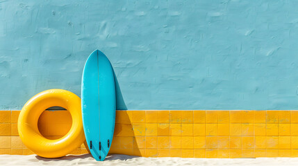 View of a yellow rubber ring and light blue surfboard  on the white sand beach with vibrant azure wall. Summer vacation concepts.