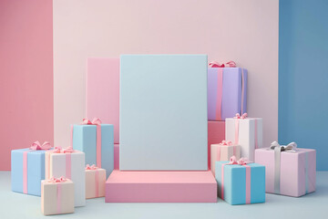 Blank advertising board clean aesthetic pastel birthday presents backdrop