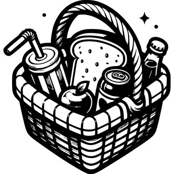 recommend clip art: Picnic basket in monochrome. Sandwiches, fruit and soda in wicker basket. Simple minimalistic vector in black ink drawing on transparent background