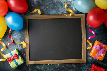 Blank advertising board with vibrant birthday balloons and gifts top view (6)1.jpg
