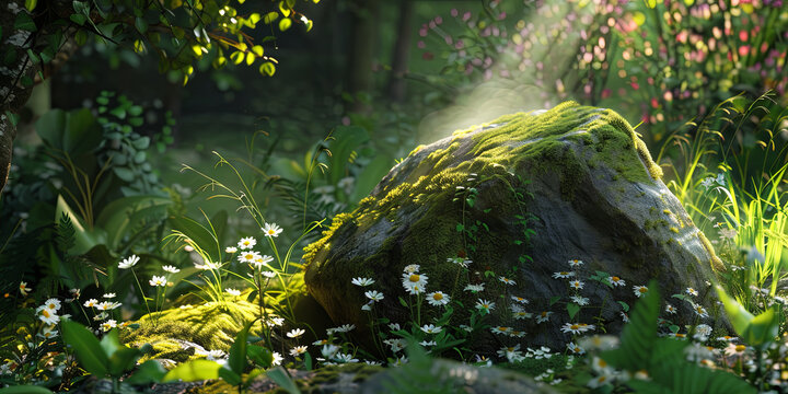 a mosscovered stone in the forest, generative AI