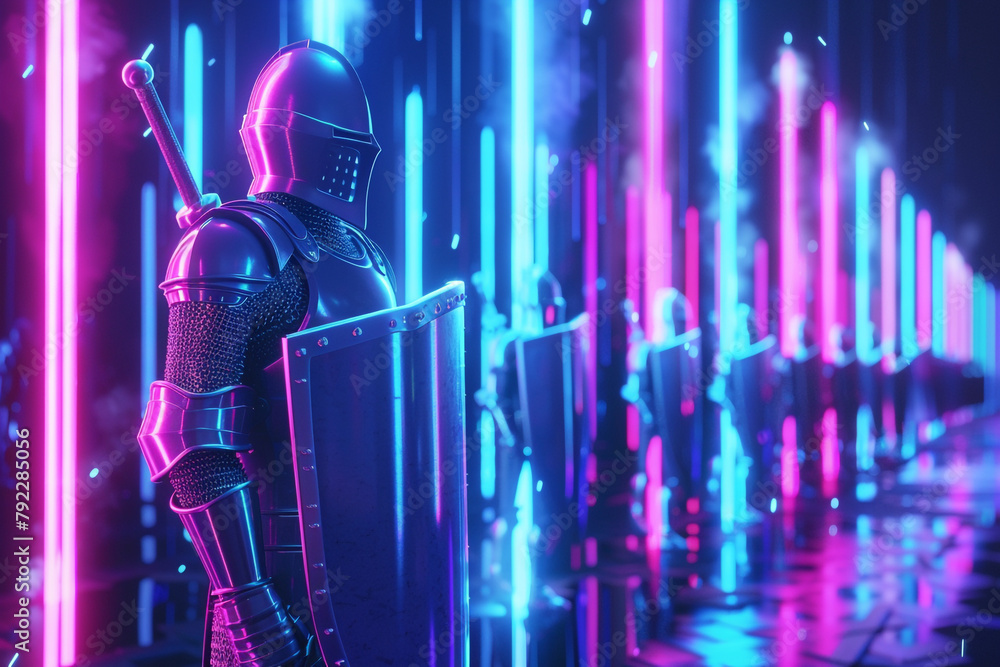 Poster blockchain knights guarding the gates of data privacy a neon 3d visualization of digital security