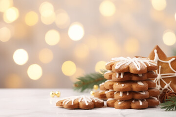 Obraz na płótnie Canvas Tasty Christmas cookies on white marble table against blurred festive lights
