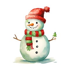 Watercolor illustration of a snowman with a red cap and scarf