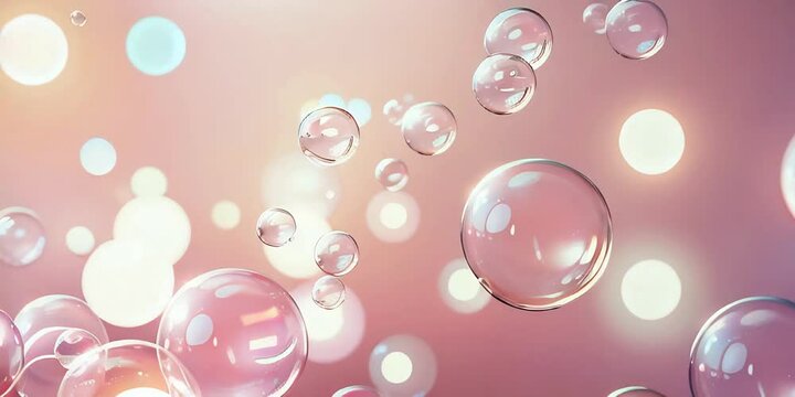 Abstract background with flying small and large soap bubbles close-up and bokeh.