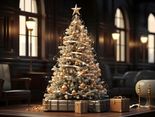 3d illustration of christmas tree with presents. 3d rendering