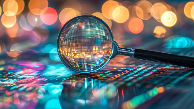 Magnifying glass on colorful digital data background. Conceptual image for search, analysis, and technology. Design for banner, investigative research, and detailed examination concept.