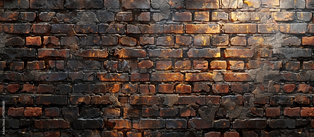 Poster an old and worn brick wall is illuminated by a beam of light shining directly on its surface, showca