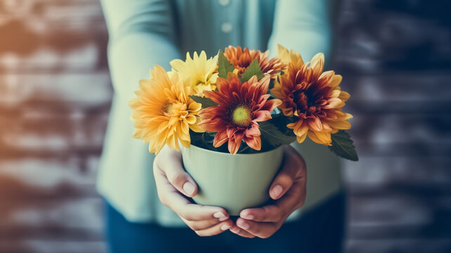 Person holding a pot of blooming orange and red flowers. Gift and home decor concept. Design for greeting card, invitation, and Mother's Day promotion. Close-up photography with blurred background