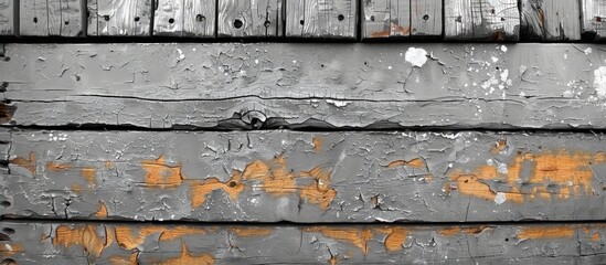 Close-up view of a weathered wooden wall with cracked and peeling paint, revealing its aged and distressed appearance
