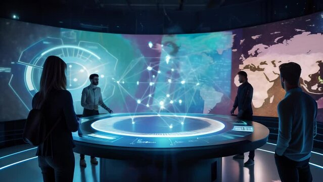 In an interactive exhibition space, visitors gather around a futuristic globe display. 