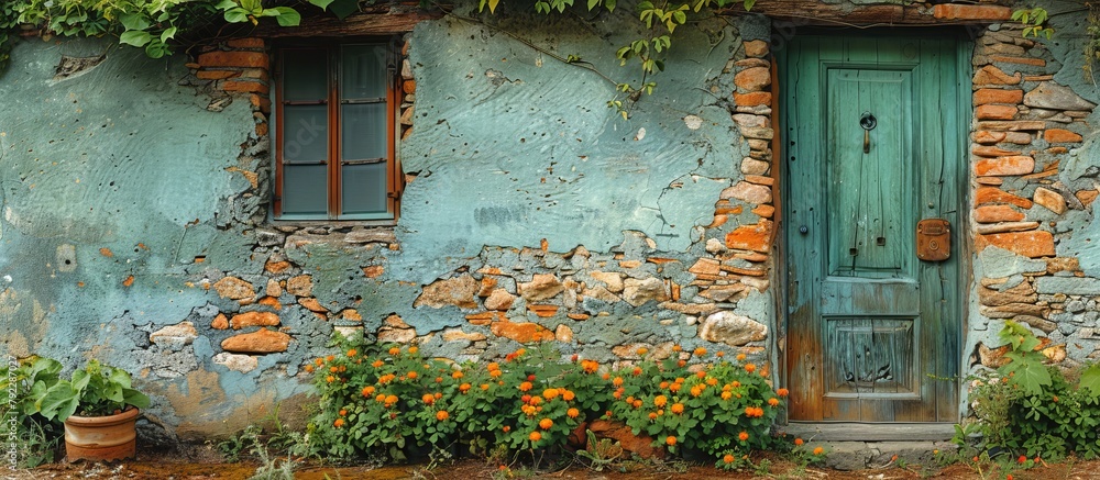 Poster Old stone structure displaying a vivid green door and window, adding a pop of color to its rugged facade