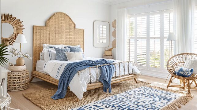 Natural coastal interior bedroom, cane bed blue and white patterned 