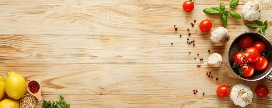 Culinary background with food on a light wooden table, top view, free space for text, bright color, realistic look.