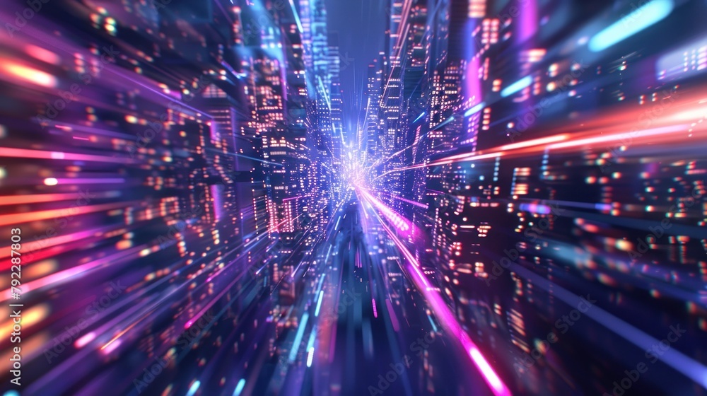 Poster rendering of warp speed in hyper loop with blur light from buildings' lights in mega city at night a