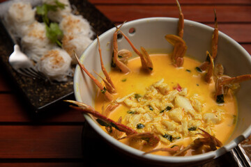 Crab meat coconut milk curry with rice noodle, Thai spicy soup thai food