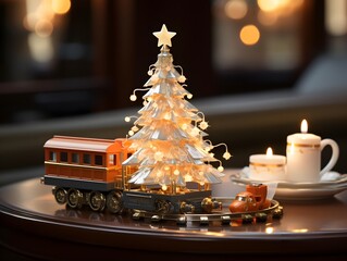 Fototapeta na wymiar Christmas tree and toy train on a table in a cafe. Selective focus.