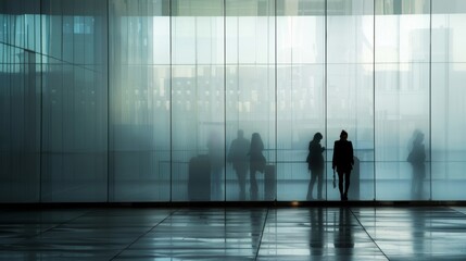 Fototapeta na wymiar Misty Transparency The soft defocused glass facade of an office building reveals vague silhouettes of figures inside hinting at the anonymity and impersonal nature of the corporate .
