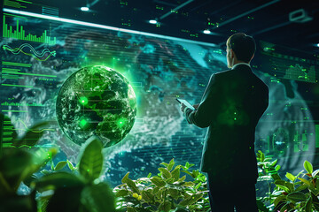 business leader presenting an eco-friendly earth model, surrounded by digital data and green technology interfaces