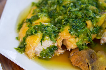 A delicious Cantonese dish, white-cut chicken with scallion oil