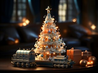 Fototapeta na wymiar Christmas and New Year concept. Toy train carries a Christmas tree. 3d illustration