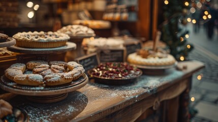 Blank mockup of a traditional British stall selling warm mince pies and traditional Christmas pudding. .