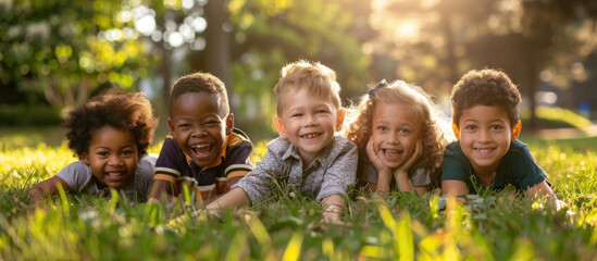 A group of happy children from different races lie on the grass in front, looking at the camera on a sunny day with a park background in bright colors - obrazy, fototapety, plakaty