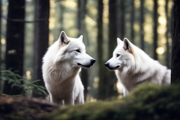 'forest white howling wolf wild nature animal predator wildlife mammal beast dog fur background canino grey canis creature timber danger head portrait black furry face eye natural wilderness snow' - obrazy, fototapety, plakaty