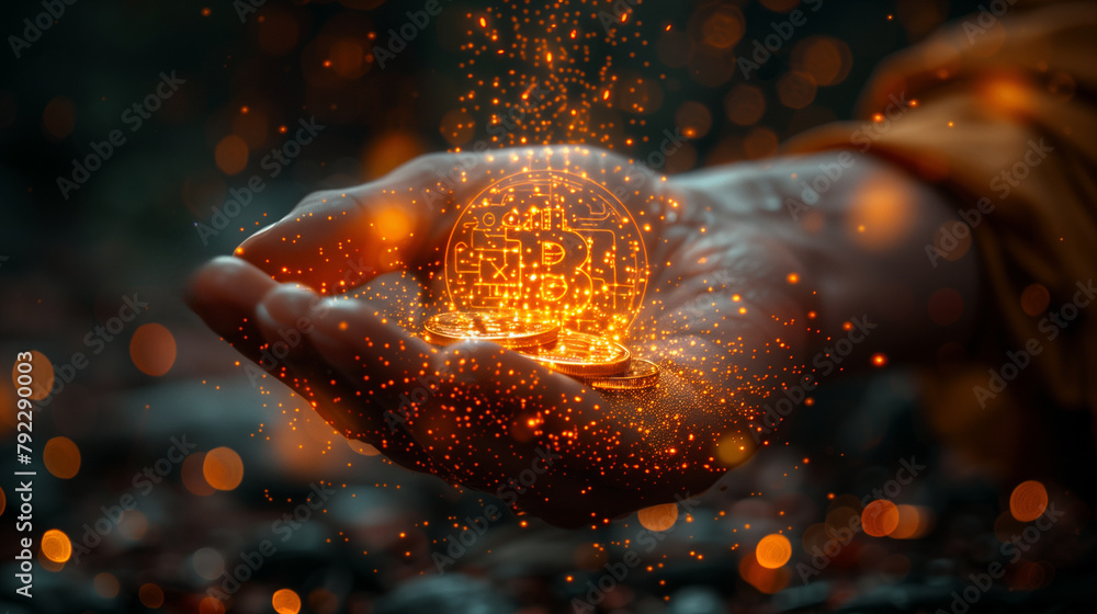 Aufkleber person's hand holds glowing digital bitcoin with orange light particles floating around, creating an