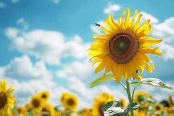 Sunflower field under the bright blue sky with bees flying among the flowers